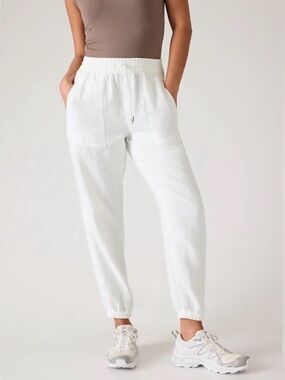 Athleta NWT Retreat Linen Joggers White L Travel Lightweight Beach Hight Waist